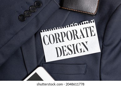 Conceptual display Corporate Design. Concept meaning official graphical design of the logo and name of a company Presenting New Proper Work Attire Designs, Displaying Formal Office Clothes