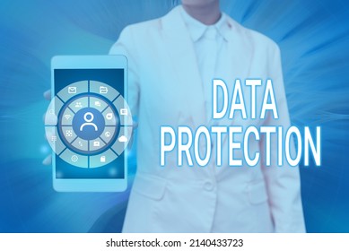 Conceptual display Data Protection. Business showcase Protect IP addresses and personal data from harmful software Lady Pressing Screen Of Mobile Phone Showing The Futuristic Technology - Shutterstock ID 2140433723