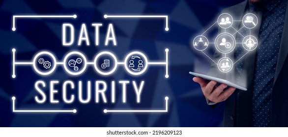 Conceptual Display Data Security. Business Idea Confidentiality Disk Encryption Backups Password Shielding Man With Tablet Presenting Digital Human And Customer Relations.