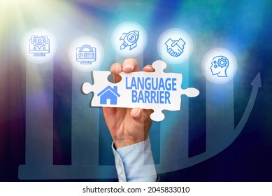 Conceptual Display Language Barrier. Word For Difficulties In Communication Speaking Different Language Hand Holding Jigsaw Puzzle Piece Unlocking New Futuristic Technologies.