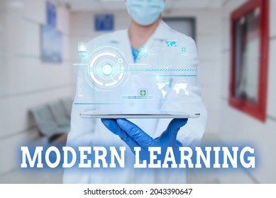 Conceptual Display Modern Learning. Internet Concept Flexible And Agile Setup Innovative Learning Environments Man In Uniform Standing Holding Tablet Showing Medical Futuristic Tech.