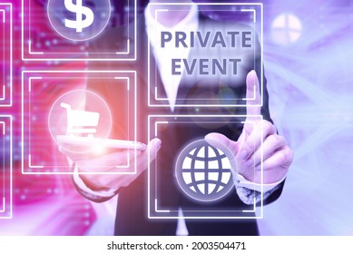 Conceptual display Private Event. Word Written on Exclusive Reservations RSVP Invitational Seated Lady In Uniform Holding Phone Pressing Virtual Button Futuristic Technology.