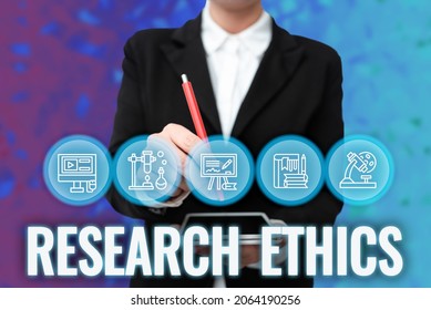 Conceptual Display Research Ethics. Concept Meaning Interested In The Analysis Ofethicalissues That Raised Lady In Uniform Holding Tablet In Hand Virtually Typing Futuristic Tech.