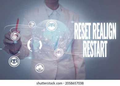 Conceptual Display Reset Realign Restart. Concept Meaning Life Audit Will Help You Put Things In Perspectives Lady In Uniform Holding Tablet In Hand Virtually Typing Futuristic Tech.