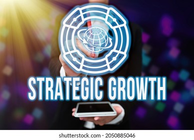 Conceptual Display Strategic Growth. Business Concept Create Plan Or Schedule To Increase Stocks Or Improvement Lady In Uniform Holding Tablet In Hand Virtually Typing Futuristic Tech.