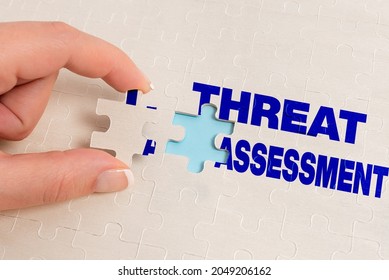 Conceptual display Threat Assessment. Concept meaning determining the seriousness of a potential threat Building An Unfinished White Jigsaw Pattern Puzzle With Missing Last Piece