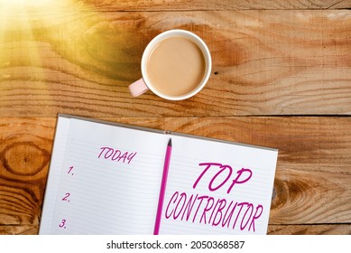 Conceptual display Top Contributor. Business overview person who is knowledgeable in a particular category Display of Different Color Sticker Notes Arranged On flatlay Lay Background