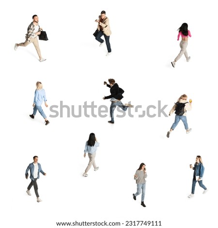 Conceptual drsign with different people, men and women walking to work, study or travel. Isometric view. Being busy. Concept of business, education, lifestyle, communication, social life, ad