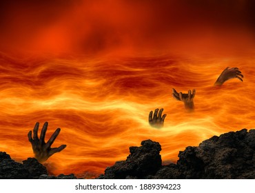 Conceptual hell with wicked souls tormented in a burning lake of fire. Religious theme concept.