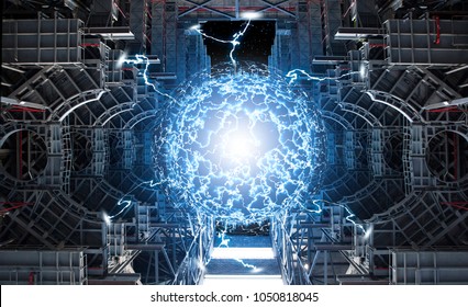 Conceptual high tech power plant thermonuclear or nuclear reactor, including elements of fusion space stations, electricity production, microwave components.Elements of this image furnished by NASA. - Shutterstock ID 1050818045