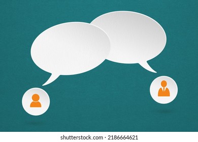 Conceptual Image About Communication, Command, Correspondence, Share Idea And Social Media, Two Blank White  Speech Bubble, Manager And Man Paper Cut On Grunge Dark Blue Paper Background 