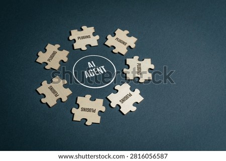 Conceptual image of an AI agent connected to multiple plugins, illustrating extensibility, modular architecture, third-party integrations and scalable artificial intelligence systems.