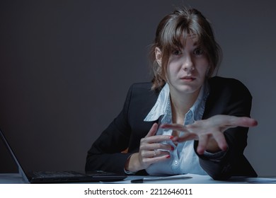 Conceptual Image: Assertive Behavior, The Ability To Say NO.  A Beautiful Disappointed Businesswoman Is Ready To Go To Conflict To Defend Her Interests. Copy Space.