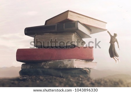conceptual image a brave woman climbing a pile of books to reach the top