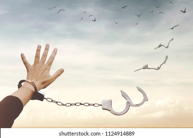conceptual image of a broken handcuff that turns into free birds in the sky