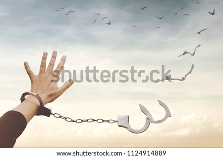conceptual image of a broken handcuff that turns into free birds in the sky