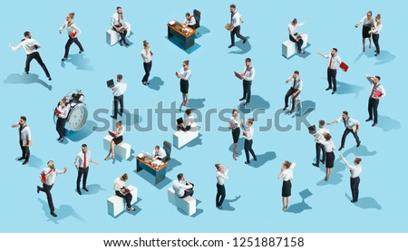 Conceptual image of business processes with businessman and businesswoman. Flat isometric view. The human resources, communication, internet, teamwork concept. Miniature people. Collage