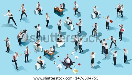 Conceptual image of business processes with businessman and businesswoman on blue. Flat isometric view. The human resources, communication, internet, teamwork concept. Miniature people. Collage