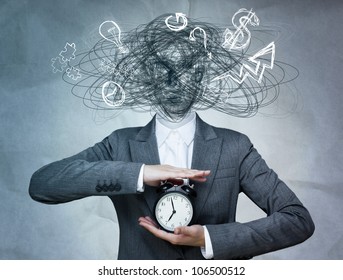 Conceptual image of business woman without head and daily routine icons instead. Artificial intelligence concept