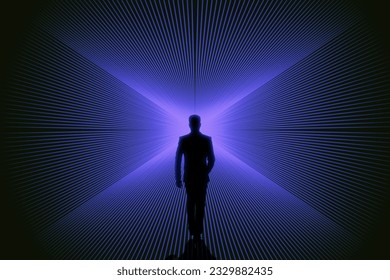 Conceptual image of businessman silhouette on bright blue lines background. Success, metaverse and direction concept - Powered by Shutterstock