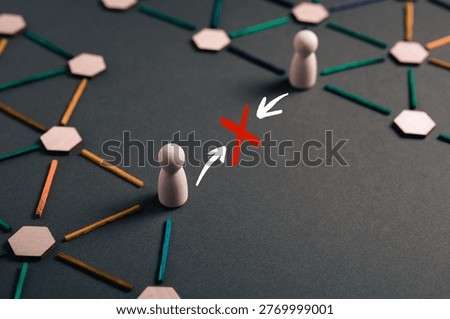 Conceptual image of communication failure between two networks with red cross symbol, representing disruption, error, and blocked data exchange.