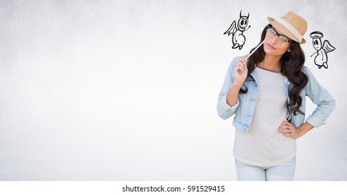 Conceptual Image Of Confused Woman Between Good And Bad Conscience Against White Background