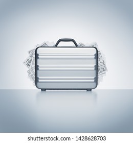 Conceptual image of contemporary aluminum briefcase revealing confidential plans, reports, and paperwork.