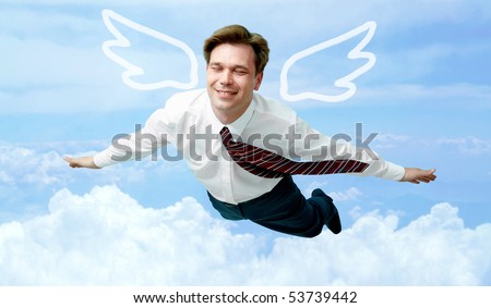 Conceptual image of contented businessman with wings flying in the clouds