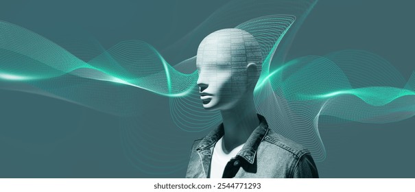 Conceptual image featuring a mannequin with digital text overlay on its face, surrounded by flowing data waves, symbolizing artificial intelligence, information flow,technology integration - Powered by Shutterstock