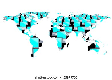 conceptual image of flat world map and computers. NASA flat world map image used to furnish this image. 