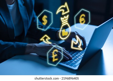 Conceptual Image Of Foreign Money Exchange, Currency Trading, Forex Market, World Trade Between Countries With Business Man Using A Computer Laptop