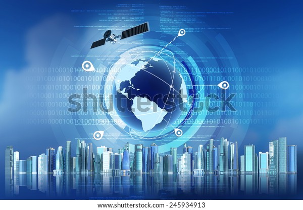 Conceptual image of Global Positioning System\
GPS with futuristic city\
background