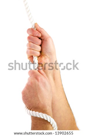 Conceptual image, hands pulling on a white rope