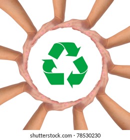 Conceptual image, help the earth by Recycling. Hands making a circle on white background with recycle icon in the middle. - Shutterstock ID 78530230