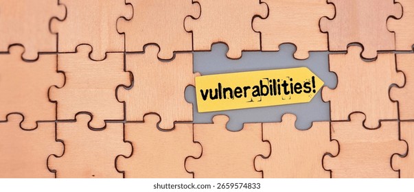 Conceptual image: Jigsaw puzzle with missing piece and vulnerabilities note. Symbolizes system weaknesses, security flaws, and the critical need to address digital vulnerabilities in IT.