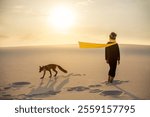 Conceptual image of the Little Prince with a red fox walking in the desert at sunset. Evoking themes of friendship, adventure, and solitude, perfect for storytelling and creative visuals. 