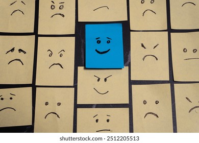 Conceptual image made with post-its representing hope or joy surrounded by sadness, anger and hopelessness.
