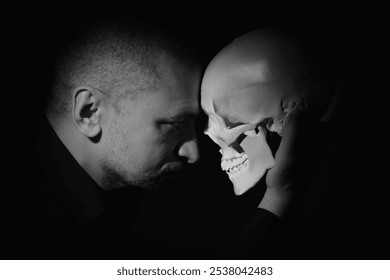 Conceptual image: Man with skull. Death is the end of our whole game called life. Black and white image. - Powered by Shutterstock