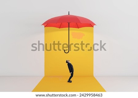 A conceptual image of a man staring at a floating red umbrella on a vibrant yellow background, depicting protection and inquisitiveness