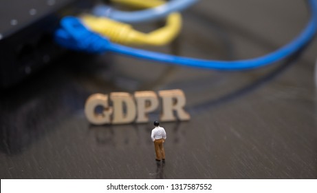 Conceptual Image Of Miniature People  With Ethernet Cables And GDPR Wooden Text. Selective Focus.