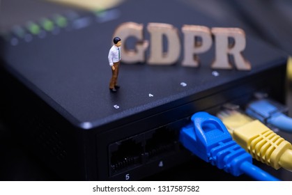 Conceptual Image Of Miniature People  With Ethernet Cables And GDPR Wooden Text. Selective Focus.