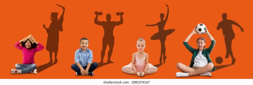 Conceptual image of multiracial kids dreaming about their future on orange studio background. Cute boys and girls thinking about career of sportsman, bellerina, dreaming to get master degree, panorama