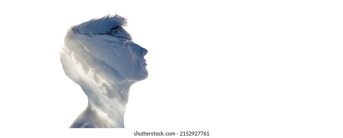 Conceptual image. Profile silhouette of young transparent man and nature landscape of snowy mountains isolated over white background. Human and nature cooperation. Double exposure effect. - Powered by Shutterstock