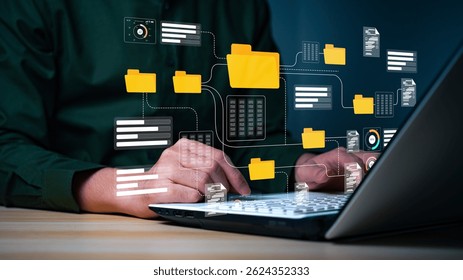 Conceptual image representing a digital data management system, network, or cloud computing service, with holographic documents and a folder displayed above a hand.