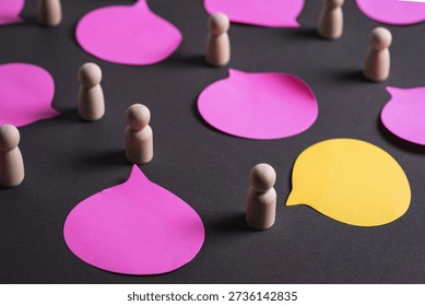 Conceptual image representing an outsider perspective in group communication, with a single different voice standing apart from others. Visual metaphor for diversity of opinions, inclusion, independent thinking and alternative viewpoints in teamwork and collaboration.