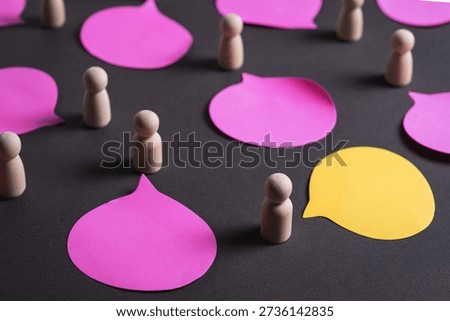 Conceptual image representing an outsider perspective in group communication, with a single different voice standing apart from others. Visual metaphor for diversity of opinions, inclusion, independent thinking and alternative viewpoints in teamwork and collaboration.