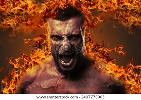 Conceptual image of a shirtless fighter unleashing a war scream while engulfed in flames