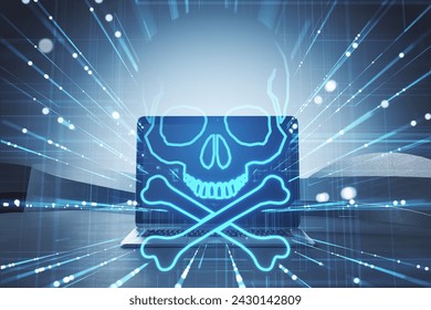 A conceptual image showing a laptop displaying a large skull and crossbones, symbolizing cybersecurity threats and internet dangers