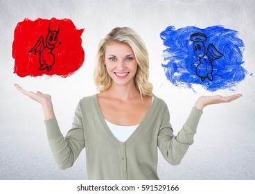 Conceptual Image Of Smiling Woman Between Good And Bad Conscience Against White Background