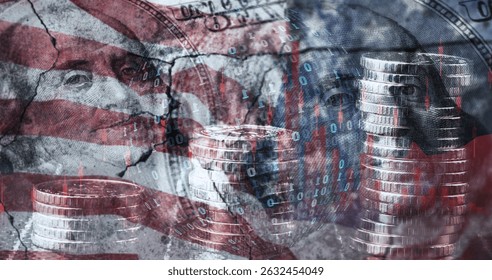 A conceptual image that superimposes elements of the US flag, dollars and binary code to symbolize economic or financial problems